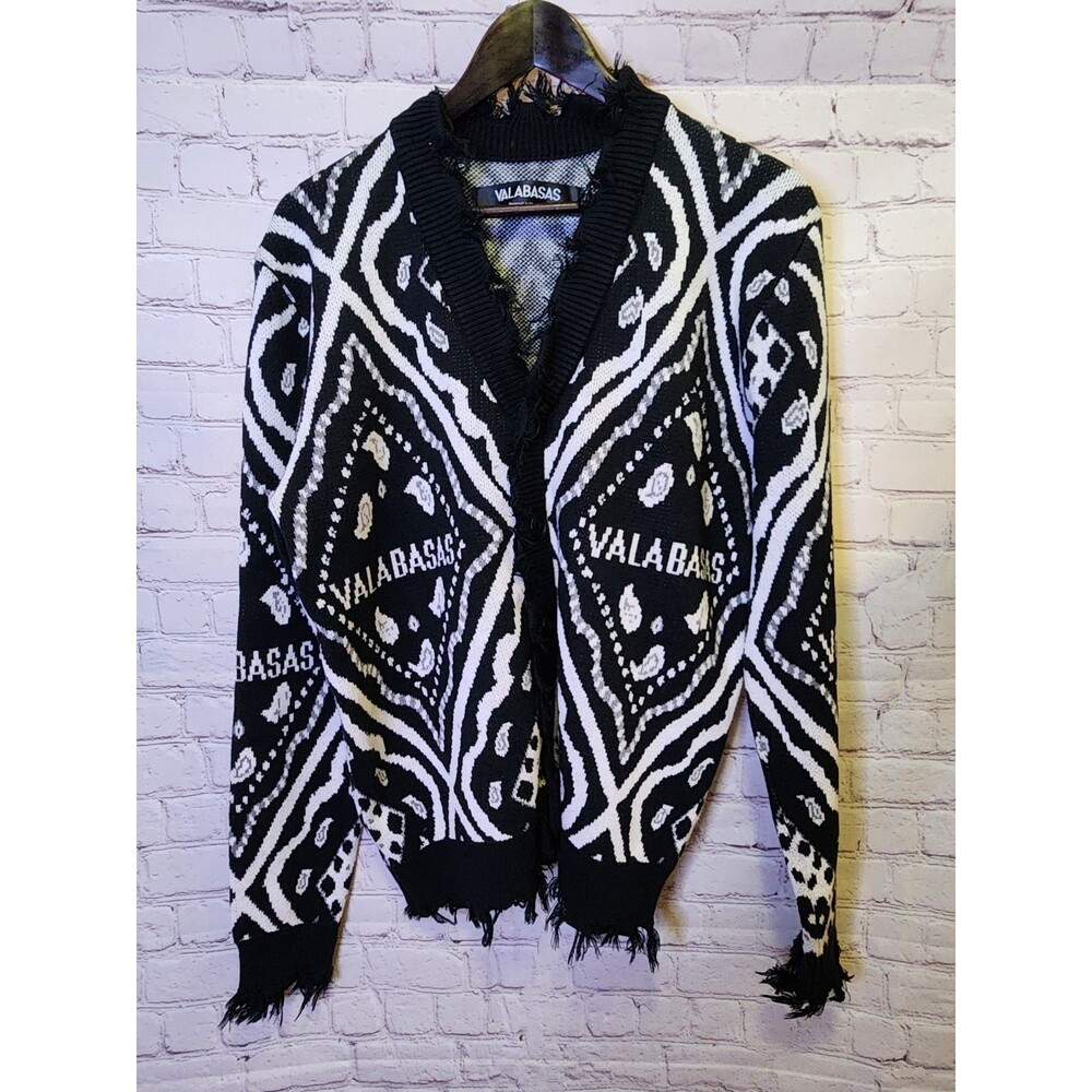Valabasas The Pledge Cardigan Sweater Mens Small Black And White Distressed Hems
